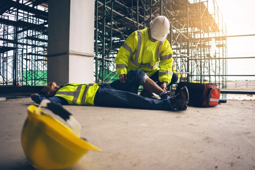 Construction Worker Checking His Colleagues Leg