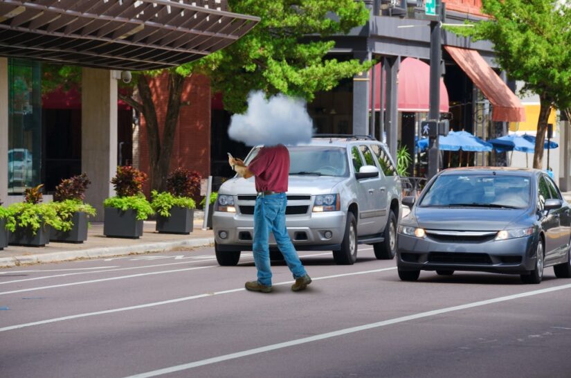 Person Crossing Street While Checking Phone In Front Of Two Vehicles