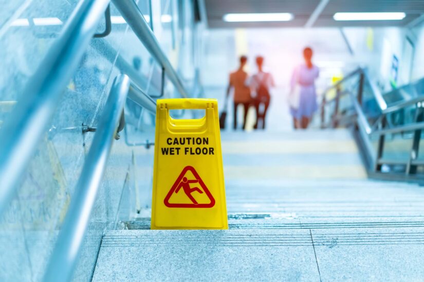 "Caution Wet Floor" sign on stairs